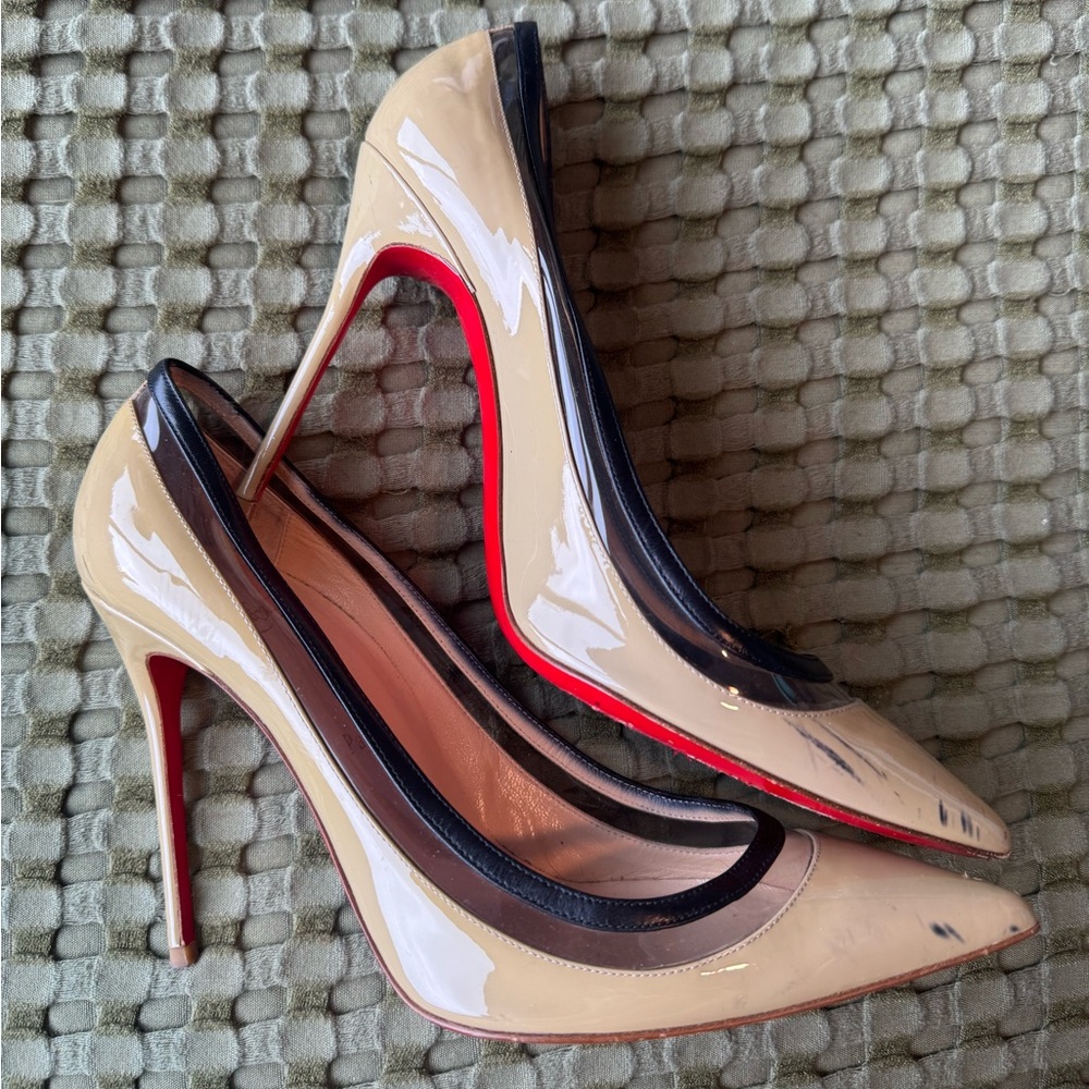 Christian Louboutin Paulina Beige Patent Pumps with Black Trim